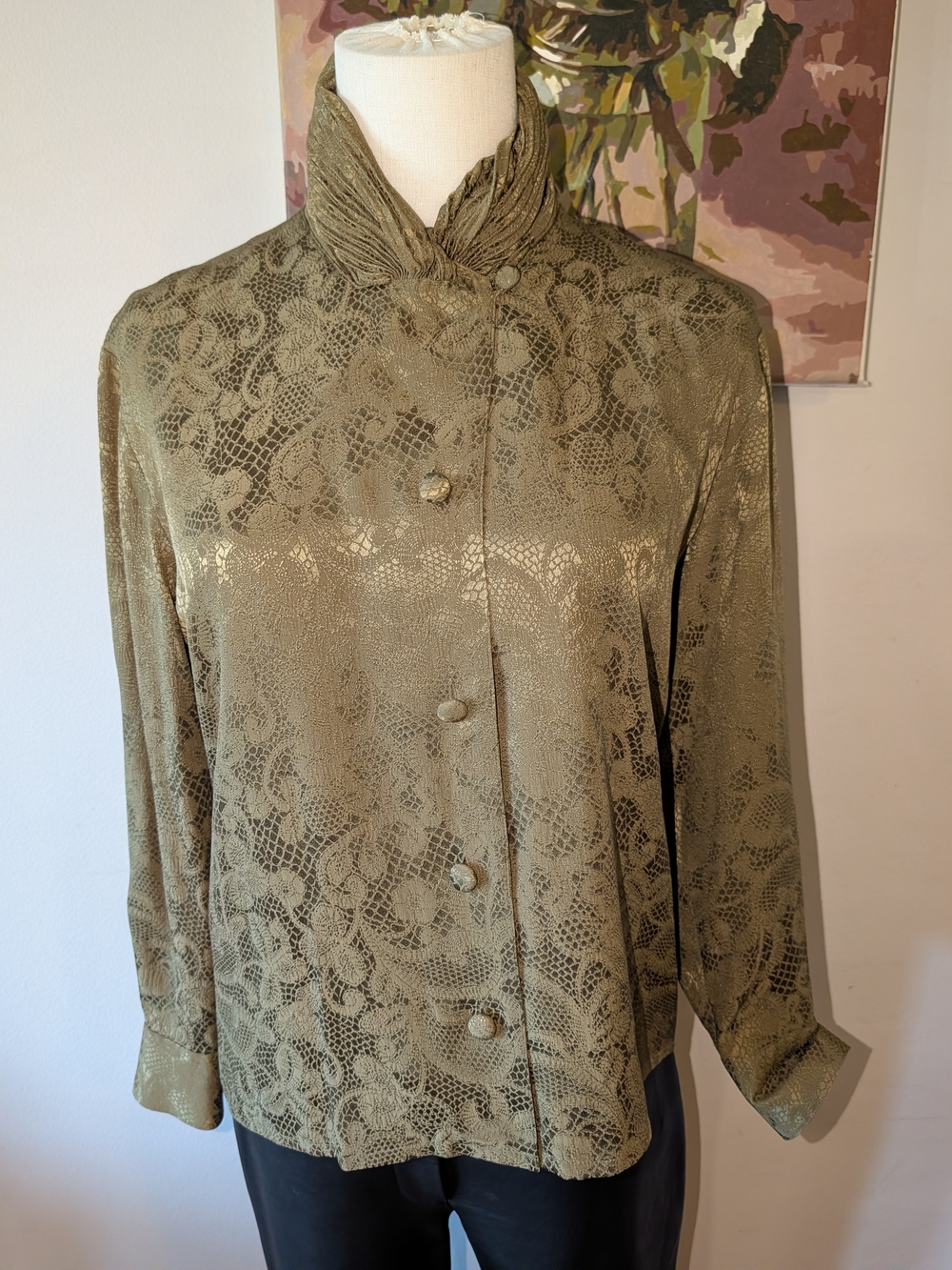 Stunning Olive Green Silk Tonal Lace/Floral Button Down Blouse